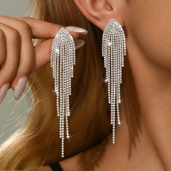 AEXTO Luxury Tassel Rhinestone Jewelry Set for Women V-Neck Statement Necklace with Dangling Fringe Pendant,Waterfall Earrings, Crystal Bracelet & Ring Sparkling Bridal Wedding Party Accessories