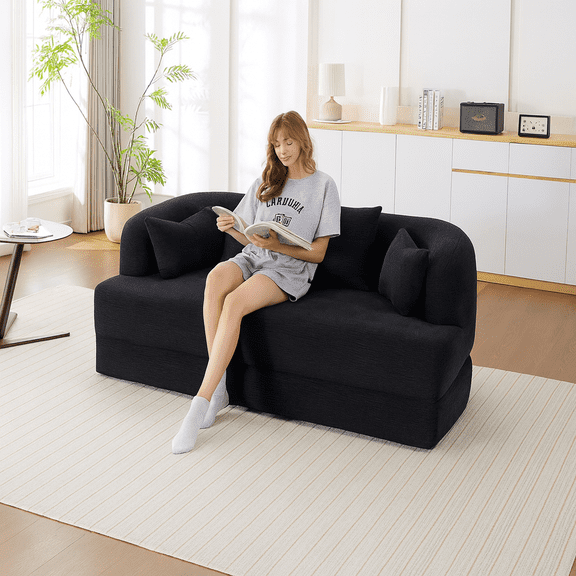 2-in-1 Foldable Sofa Bed,70 Inch Folding Boneless Couch Convertible Compressed Sleeper Sofabed, 4 Pillows for Living Room Apartment, Black