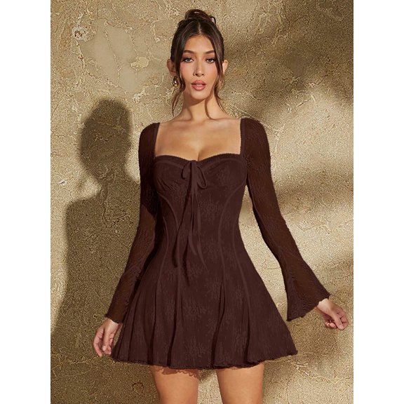 Coffee Brown Lace Corset Mini Dress With Square Neck And Bell Sleeves