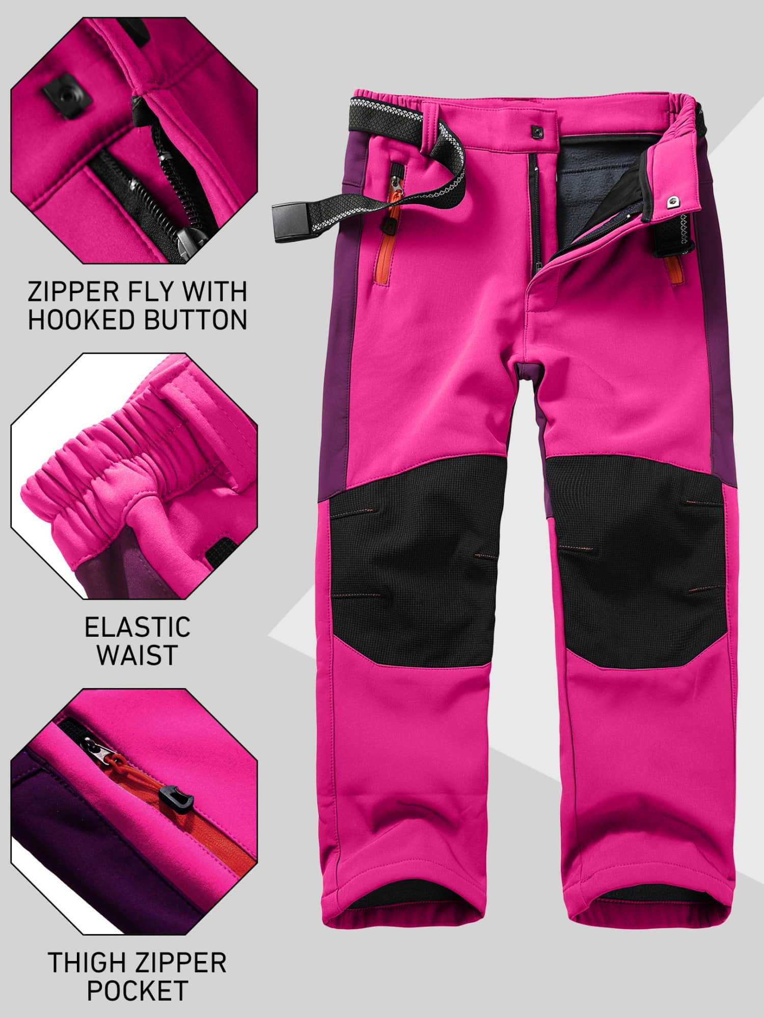 FEN AI Girls Ski Snow Pants Windproof Waterproof Hiking Pant Expandable Waist Soft Shell Winter Warm Insulated Trousers Rose Red Size 14-16
