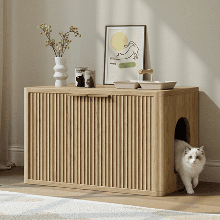 Evermagin Cat Litter Box Enclosure Furniture Multi-Functional Hidden Washroom Bench with Rounded Corners Entry Can Install Left/Right Natural