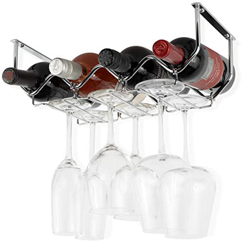 Kithcen Organization and Storage Rack Wallniture PICCOLA Under Cabinet Wine Rack and Glasses Holder Metal Chrome Set of 2 