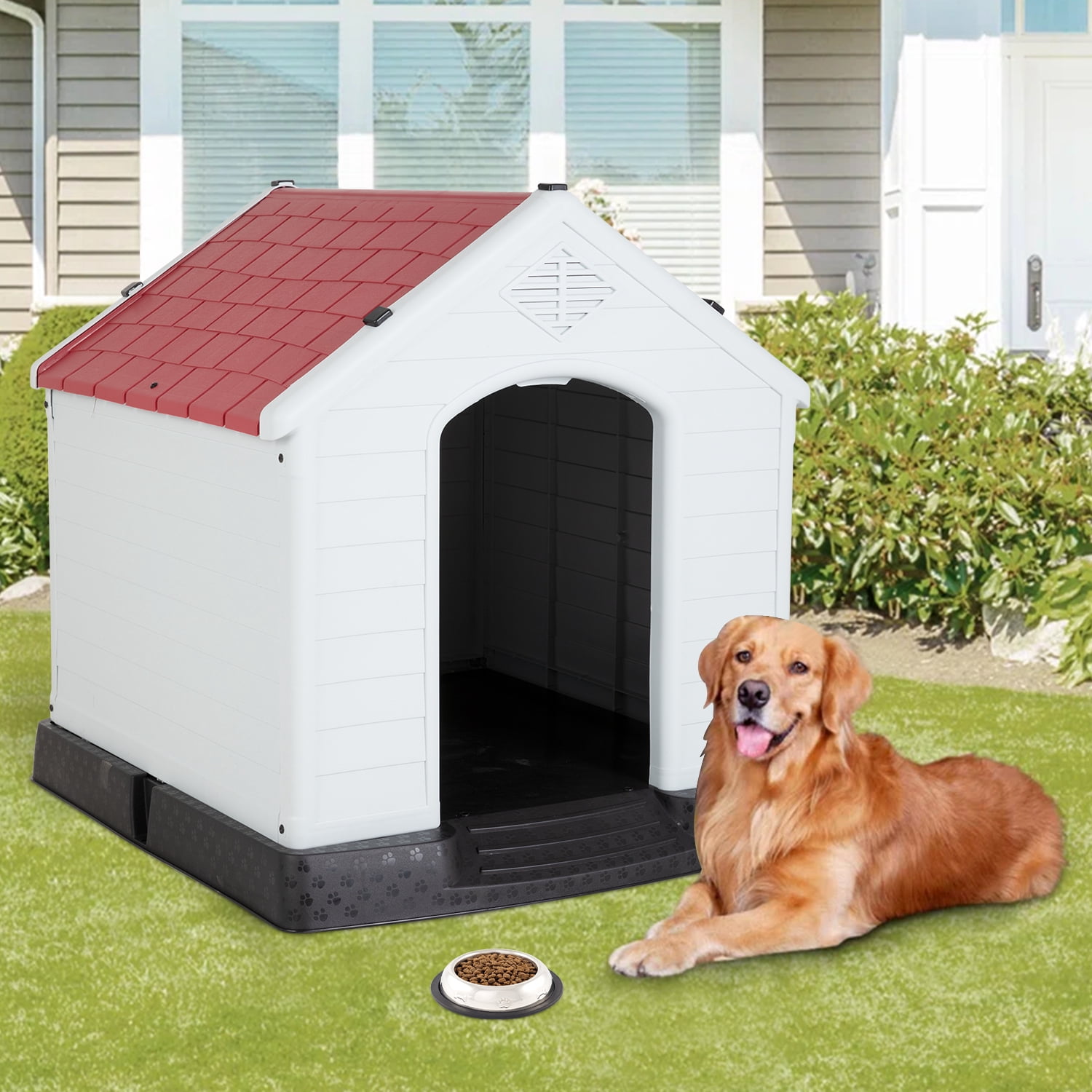 Large Dog House Plastic Dog Kennel Indoor Outdoor for Large Dogs, 39 inch All Weather Doghouse Puppy Shelter with Air Vents and Elevated Floor Ventilate,Red
