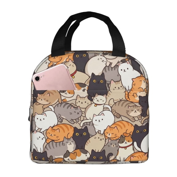 Cat Lunch Bag Cute Cartoon Pattern Reusable Cooler Tote with Front Pocket Handheld Portable Meal Prep Bag for Work Office Picnic Daily Use Animal Print