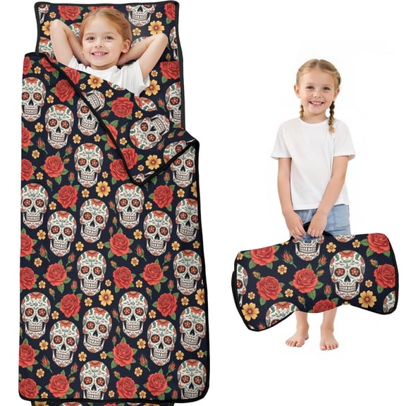 Skull and Rose Gothic Pattern Teens Toddler Nap Mat with Pillow, Sleeping Mat Bag for Preschool Daycare 59"x22"