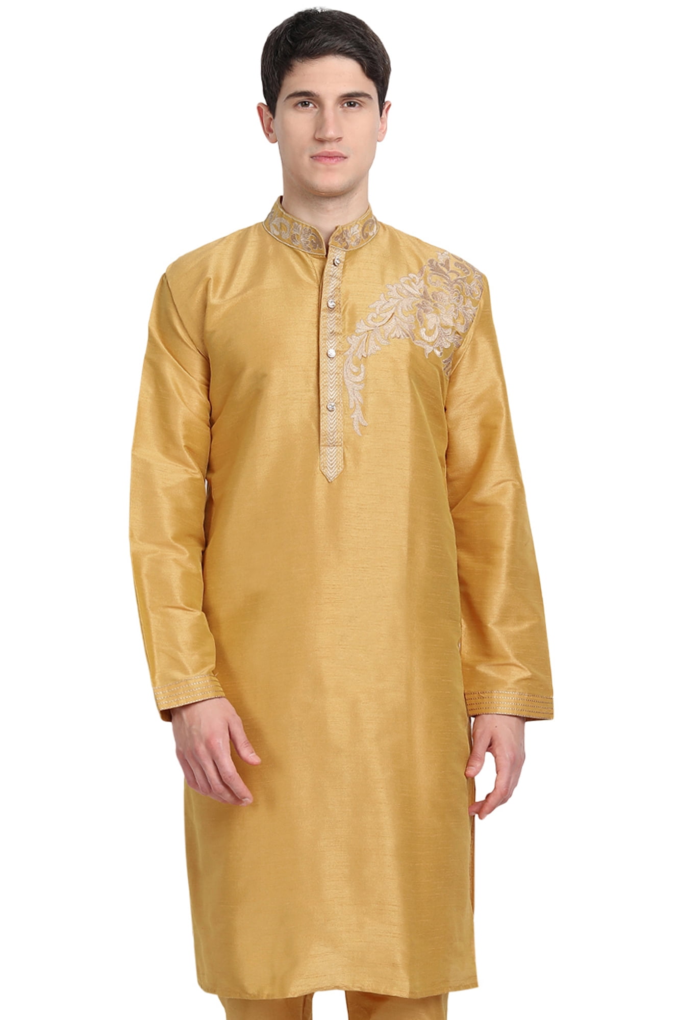 Skavij Men's Art Silk Kurta Top Indian Wedding Casual Long Shirt Large Beige