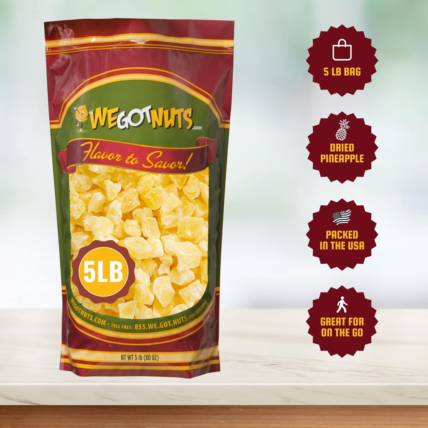 We Got Nuts Dried Pineapple Chunks for Yogurt and Baking, Kosher, 5 lb, 80 oz, Resealable Pouch