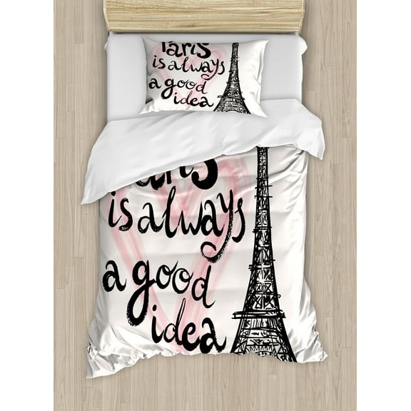 Eiffel Tower Duvet Cover Set, Lettering in Heart Modern Europe Dream Tour Sketch Illustration, Decorative 2 Piece Bedding Set with 1 Pillow Shams, Twin Size, Cream Pink Black, by Ambesonne