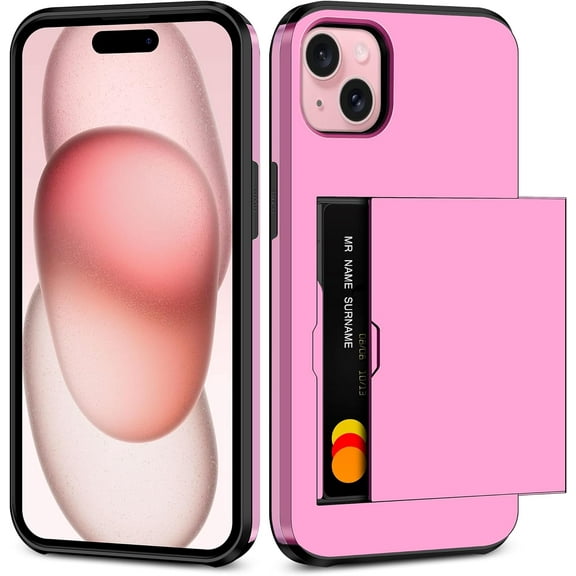 for iPhone 15 Case with Card Holder Heavy Duty Dual Layer Shockproof iPhone 15 Wallet Case Hidden Card Slot Slim Phone Case for iPhone 15 (Pink)