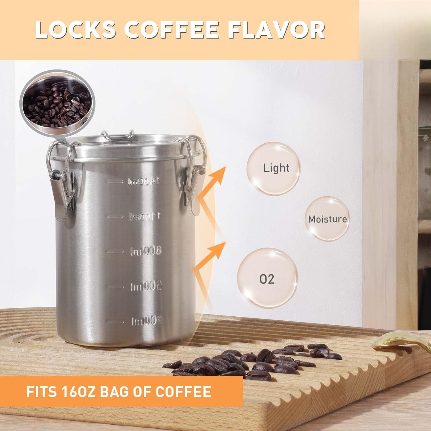 Compact Stainless Steel 100% Airtight Canisters Sets for Small Kitchens | Metal Food Storage Containers with Lids Sealed - Keep Flour, Sugar, Coffee, Tea Fresh for Months (18+35+56 fl oz)