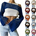 thumbnail image 2 of PUMISAS Summer Cover Ups For Women Long Sleeve Cover Up Tops Solid Color Hollow-Out Breathable Cover Up Crew Neck Crochet Cover Up, 2 of 5