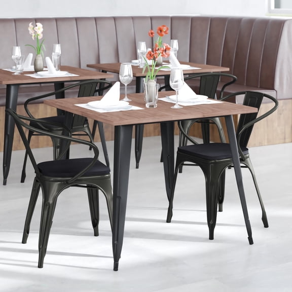 Emma Oliver Black Metal Indoor-Outdoor Stacking Chair with Vertical Slat Back, Arms and Black All-Weather Polystyrene Seat