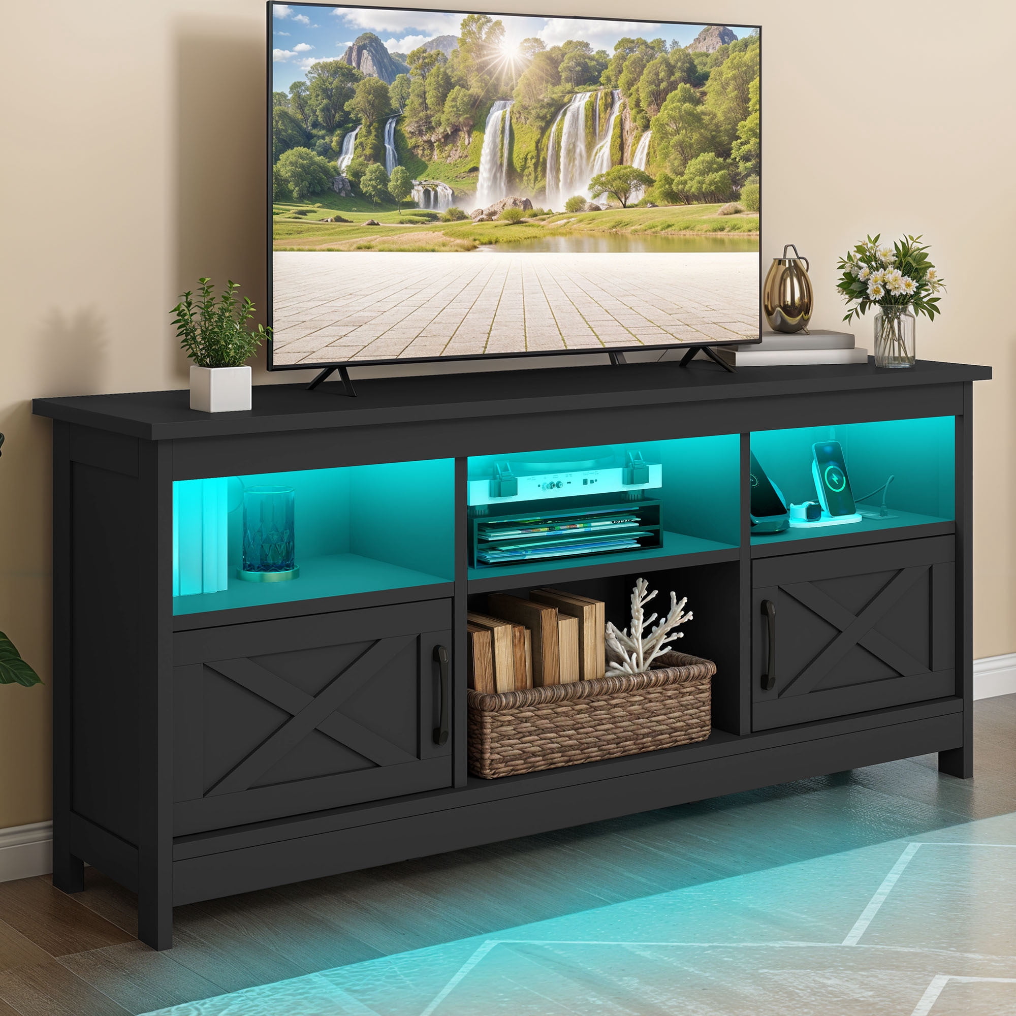 Uforic 59" TV Stand for 65" TV - Black Entertainment Center with Storage Cabinets, Open Shelves, 24-Color LED Light Strip & Integrated Power Strip, Ideal for Living Room or Bedroom Media Console