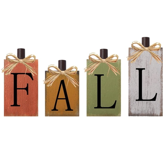 4 Pcs Fall Wooden Table Signs Rustic Farmhouse Block Decor, Autumn Harvest Thanksgiving Pumpkin Tiered Tray