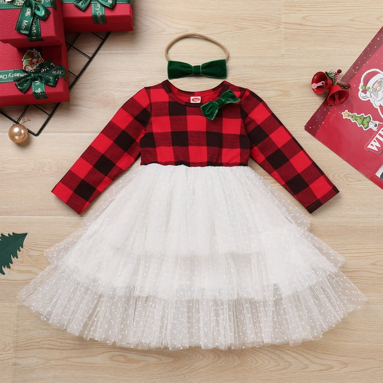 Idopip Toddler Girls Christmas Dress Infant Plaid Long Sleeve Tutu Dress Tiered Tulle Princess Dress