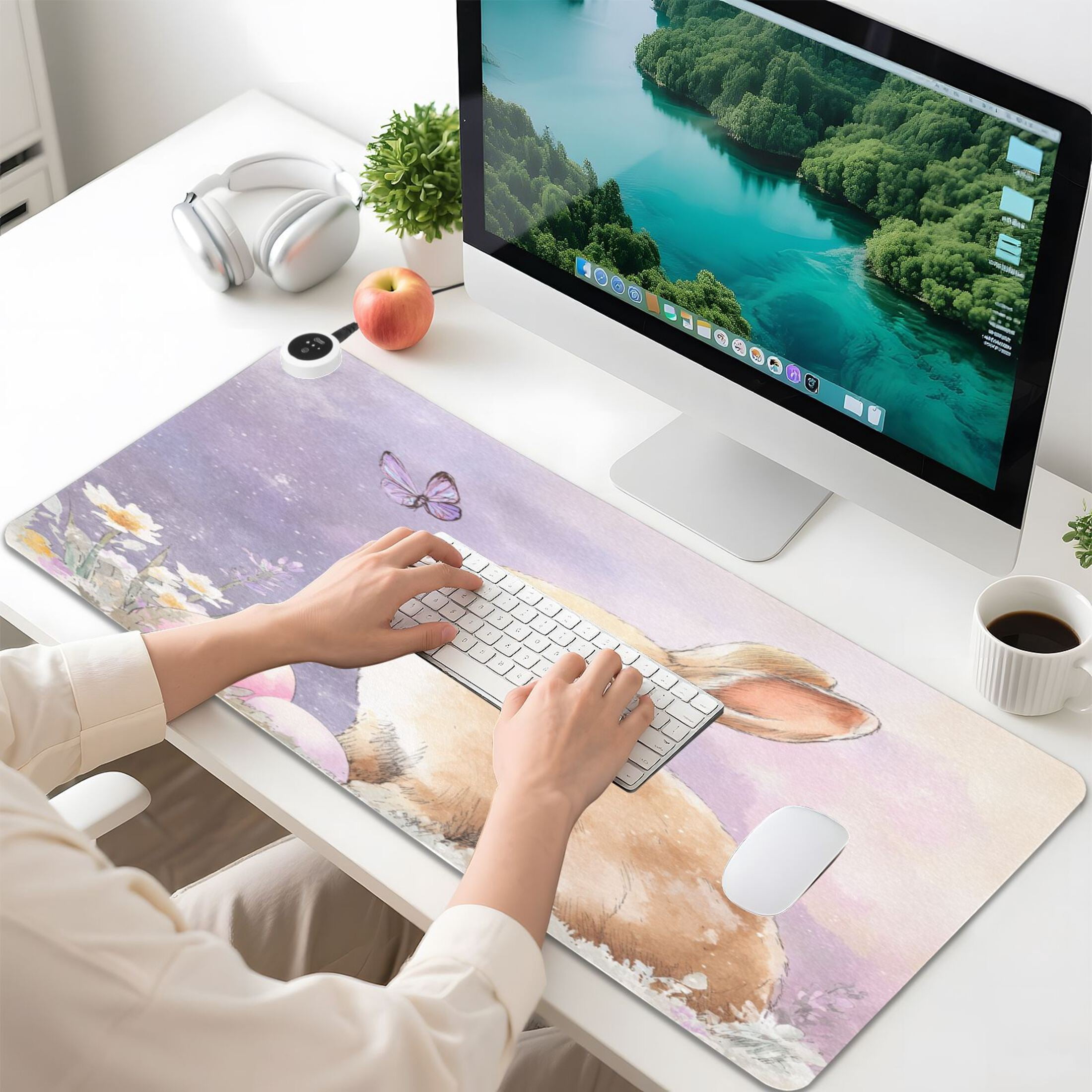 Large Heated Desk Mat Mouse Pad 31.5"x13"PU Leather Graphene Heating Desk Warmer with 3 Temperature Settings 110V US Plug Non-Slip Warm Pad for Home, Office, and Gaming Bunny with Purple Butterfly