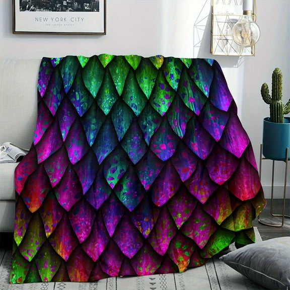 Vintage Dragon Scale Print Flannel Throw Blanket Non-Woven Fabric Soft & Warm Lightweight for Couch Bed Travel Camping