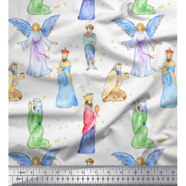 Soimoi Rayon Fabric King & Angel Watercolor Print Fabric by Yard 42 Inch Wide