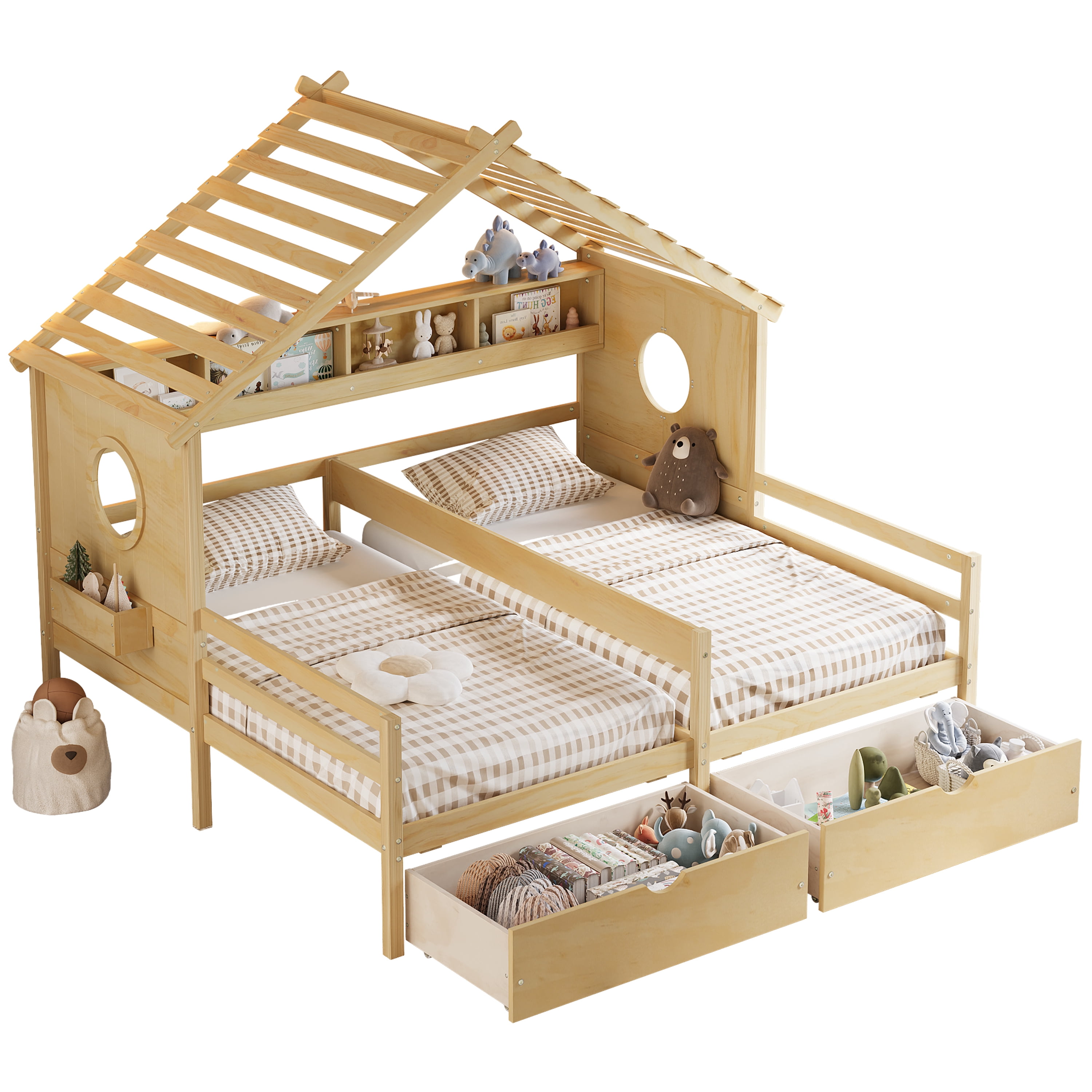 Euroco Wood Twin Size Platform Bed, Side by Side 2 Beds in 1 with Storage Shelves and Drawers, Natural