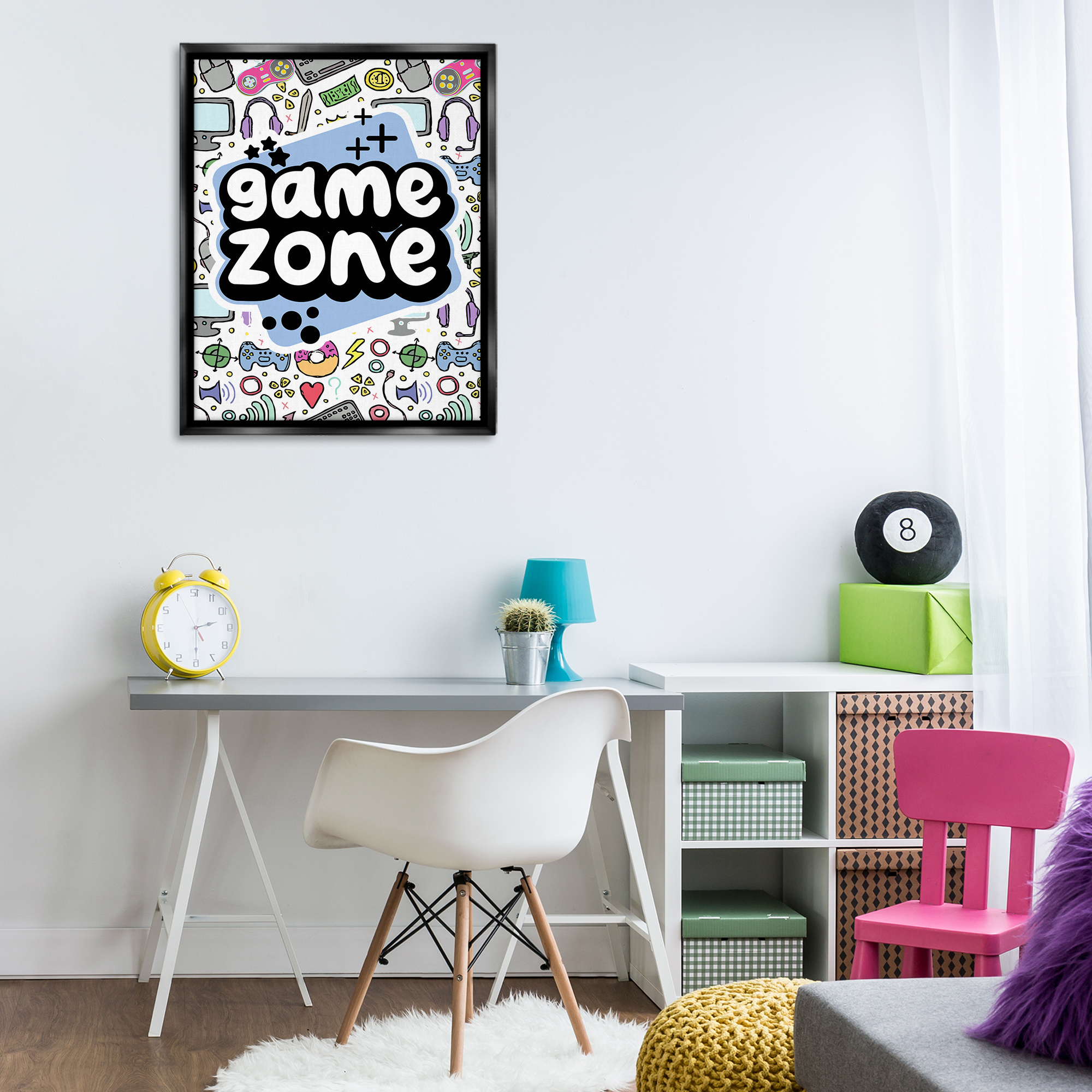 Stupell Industries Blue Game Zone Entertainment Painting Black Floater Framed Canvas Art Print Wall Art, 25 x 31