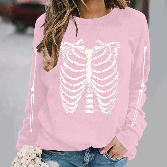 NSLGXD Halloween Sweatshirts Women Plus Size Skeleton Print Pullovers Soft Classic Crewneck Long Sleeve Y2k Tops Halloween Costumes