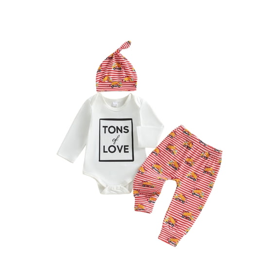 BemeyourBBs Newborn Baby Boy Valentines Day Outfits Letter Print Long Sleeve Romper Stripe Truck Long Pants and Hat 3Pcs Outfit Set Cute Fall Winter Spring Clothes