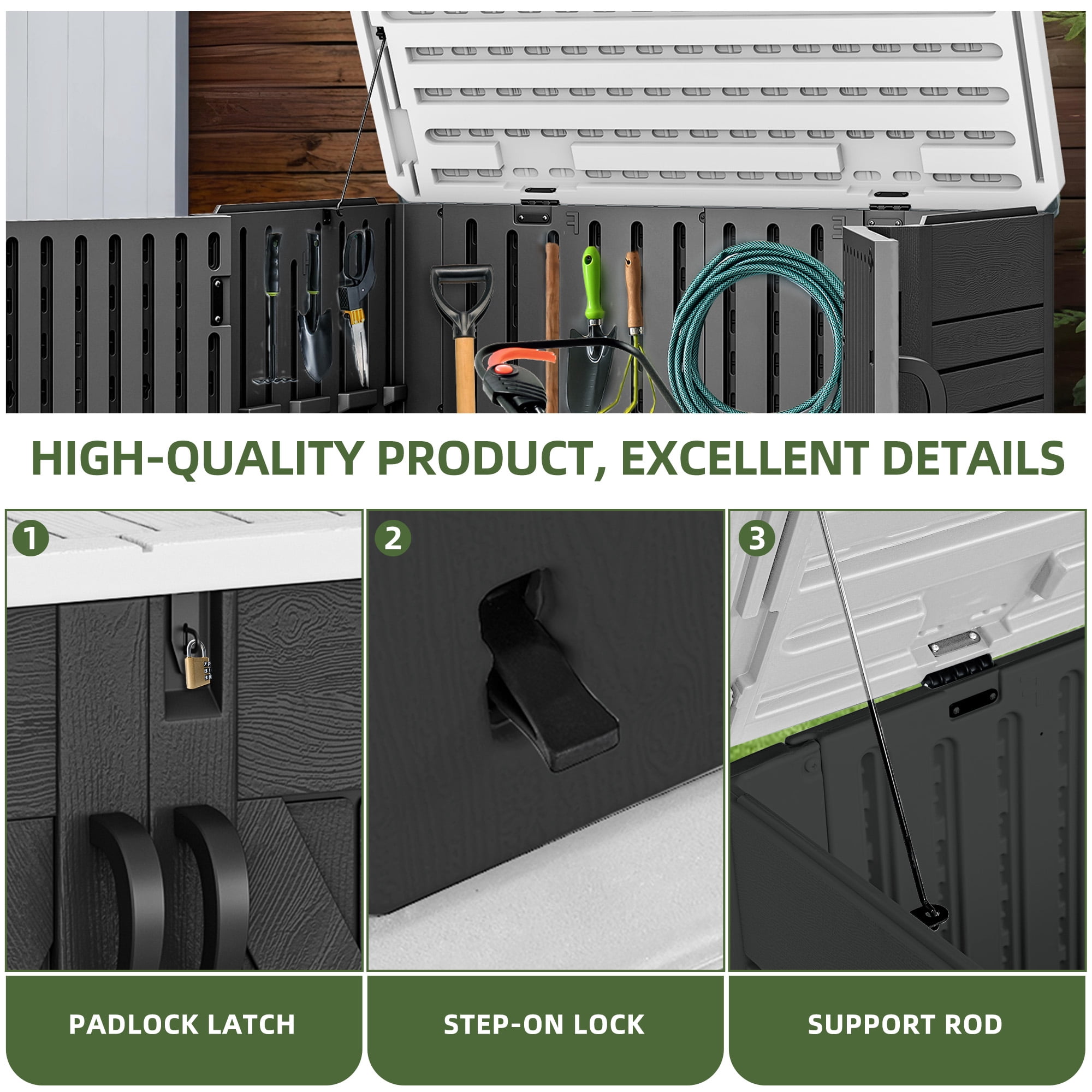 Uforic Outdoor Horizontal Storage Shed with X-Shaped Lockable Door, 35 Cu Ft Weather Resistant Resin Tool Shed, Dark Gray