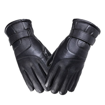 OUNONA 1 Pair Thick PU Leather Winter Gloves Windproof Warm for Outdoor Sports Cycling Climbing Riding (Black)
