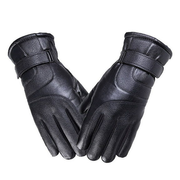 OUNONA 1 Pair Thick PU Leather Winter Gloves Windproof Warm for Outdoor Sports Cycling Climbing Riding (Black)