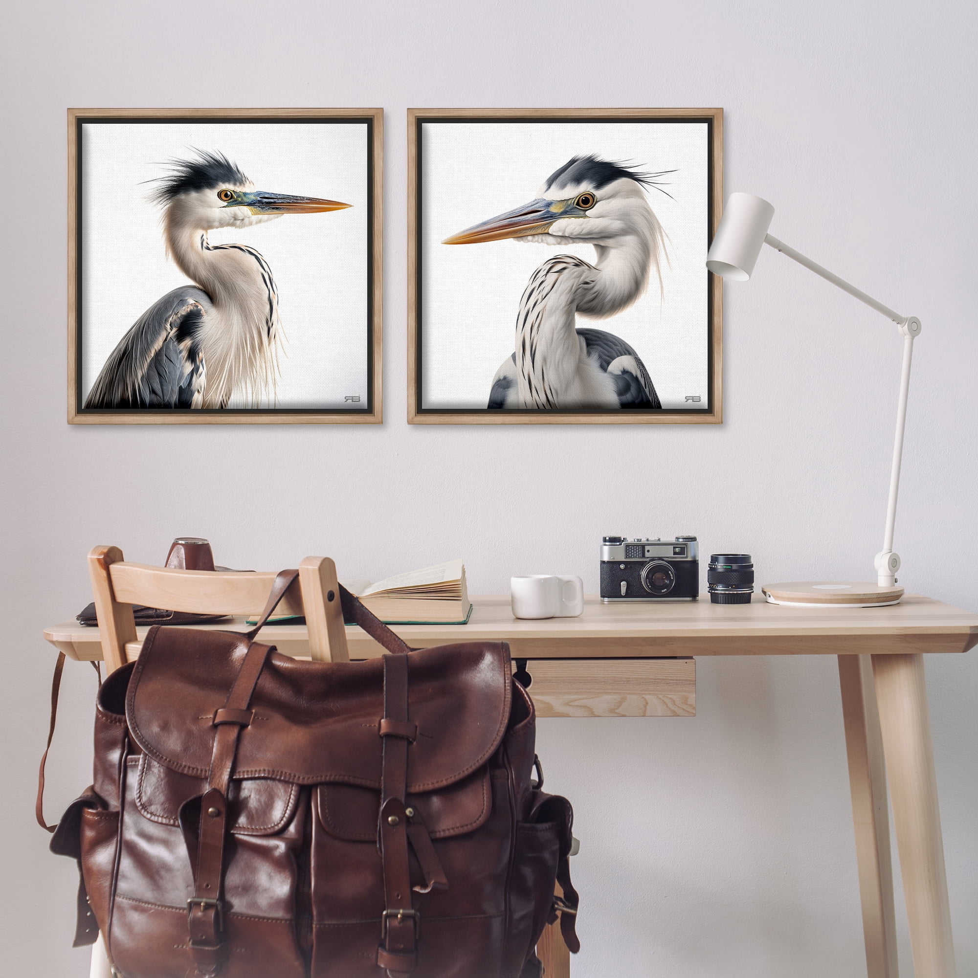 Stupell Industries Young Heron Birds Animals Painting Brown Floater Framed Canvas Art Print Wall Art, 25 x 25, Set of 2
