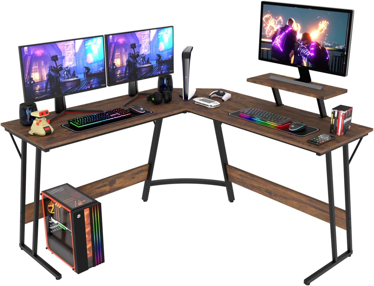 CL.HPAHKL L Shaped Gaming Desk, Corner Computer Desk Table with Monitor Stand for Home Office Study Writing, Brown