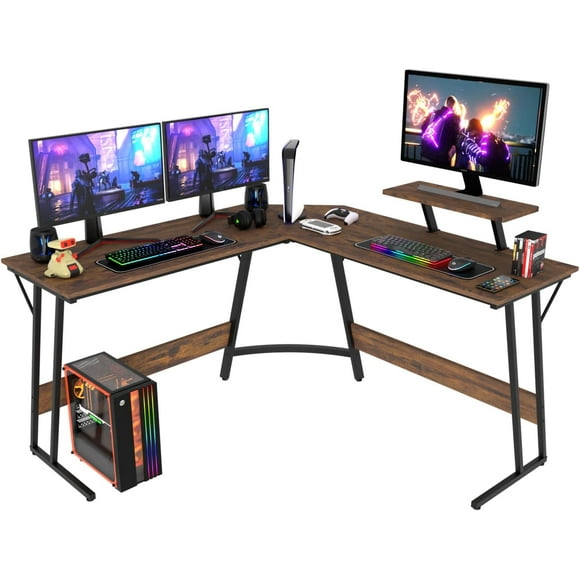 PayLessHere L Shaped Desk Corner, Large Desktop Studying and Working and Gaming for Home and Work Place, Brown