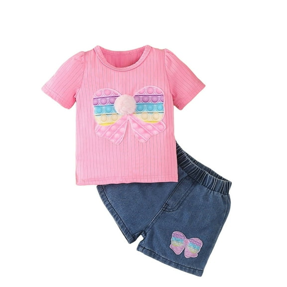 Hienoo Infant Girls 2Pcs Outfits Bow Embroidery Short Sleeve T Shirt and Denim Shorts Set