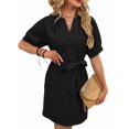 thumbnail image 3 of Women'S Solid Color Casual V-Neck Tie Waist Short Sleeve Dress Midi Summer Shift Dress Black XL, 3 of 9