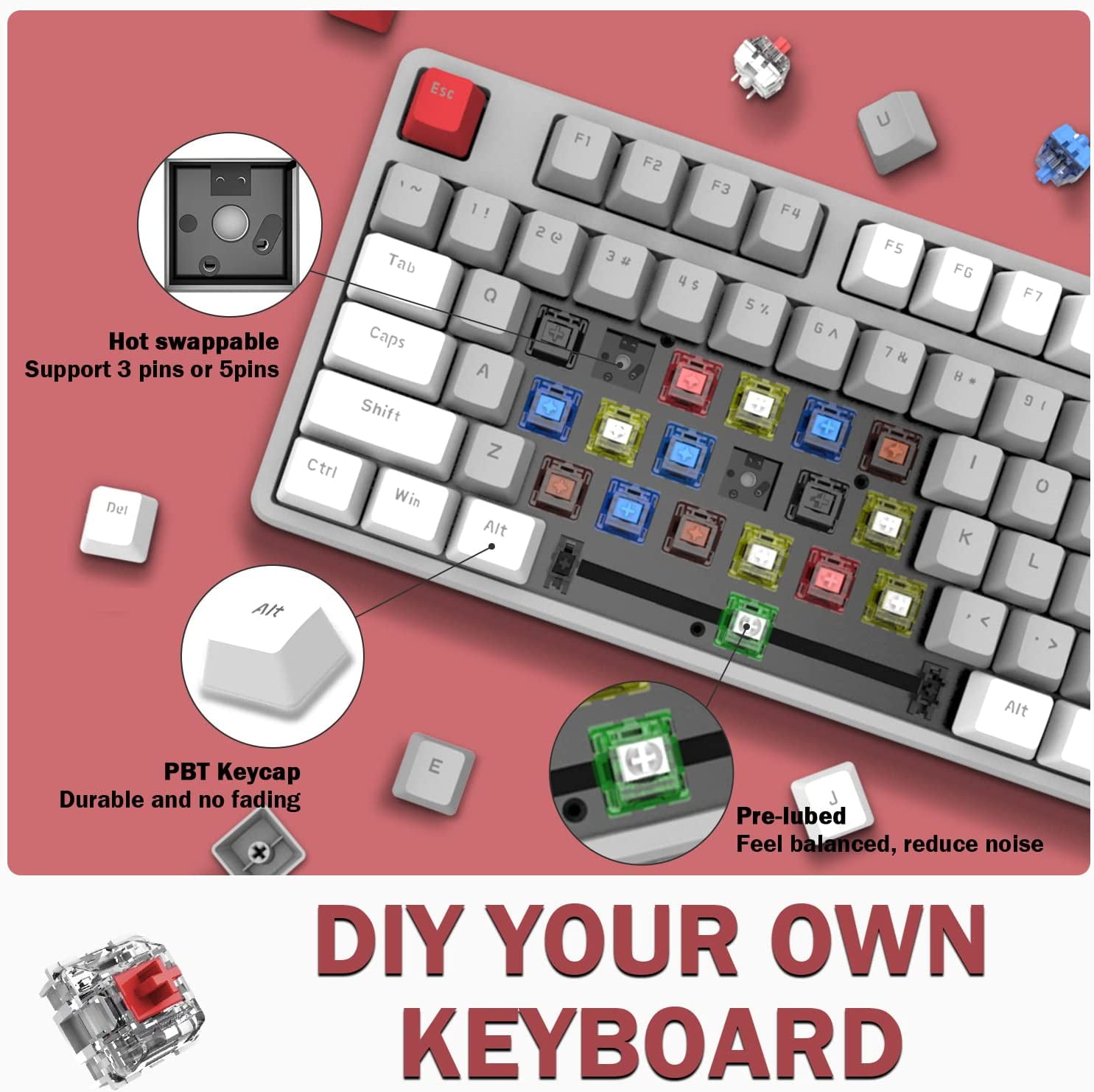 Ajazz AK873 Wired Hot Swappable Mechanical Keyboard, Coiled Cable, 22 RGB Backlit, Classic 3 Color PBT Floating Keycaps, 87% Keyboard with Detachable Magnet Cover, Custom DIY Keyboard