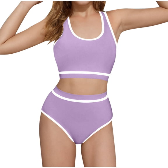 UTSJKR Girls Swimsuit Wide Strap High Waisted Bikini Sets Colorblock Sporty 2 Piece Bathing Suit for 6-16 Years Purple 12-13Years