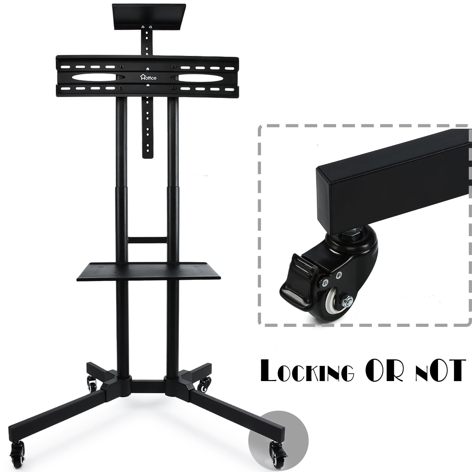 Hoffice Mobile Tv Stand Cart Adjule 32 65 Inches Lcd Led Flat Panel Screen Rolling Mount With Two Shelves And Wheels Supports Up To 110