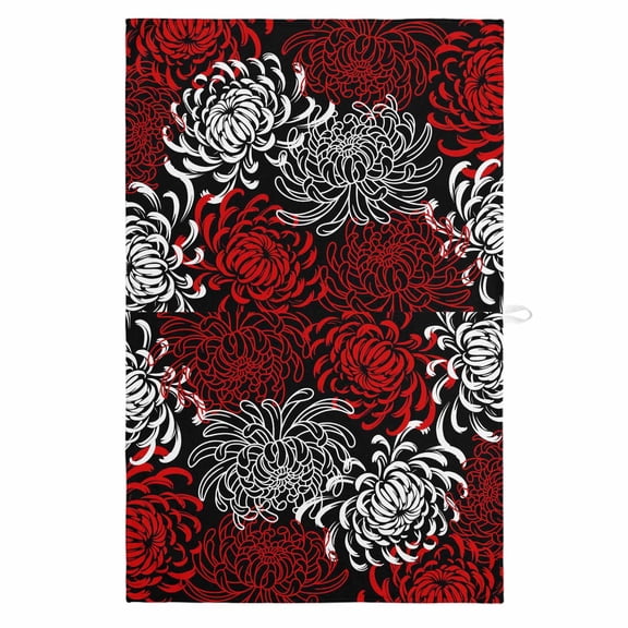 Red White 1 Pack Kitchen Towel, Water Absorbent Dish Towel, Abstract Black Chrysanthemum Flower Floral Decorative Hand Towels - Quick Drying Cloth for Cooking Baking, 18x28 Inch