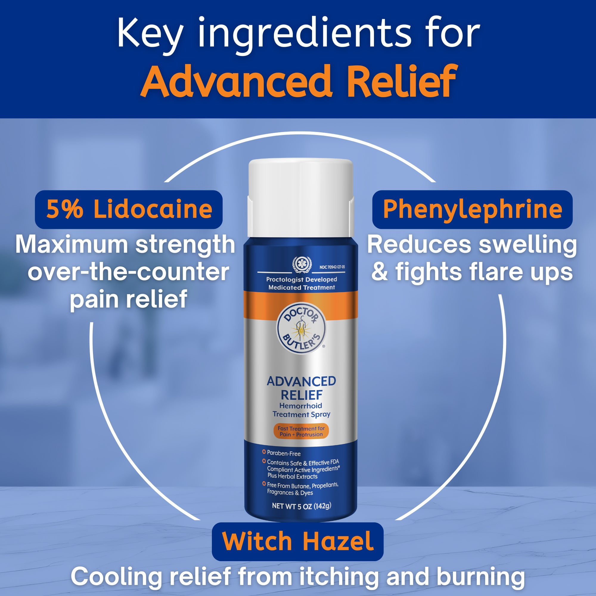 Doctor Butler's Advanced Relief Hemorrhoid Spray – Advanced Relief Hemorrhoid Treatment Spray with Witch Hazel to Help with Sensitive Skin, Itch Relief, and Swelling Relief* (5oz)