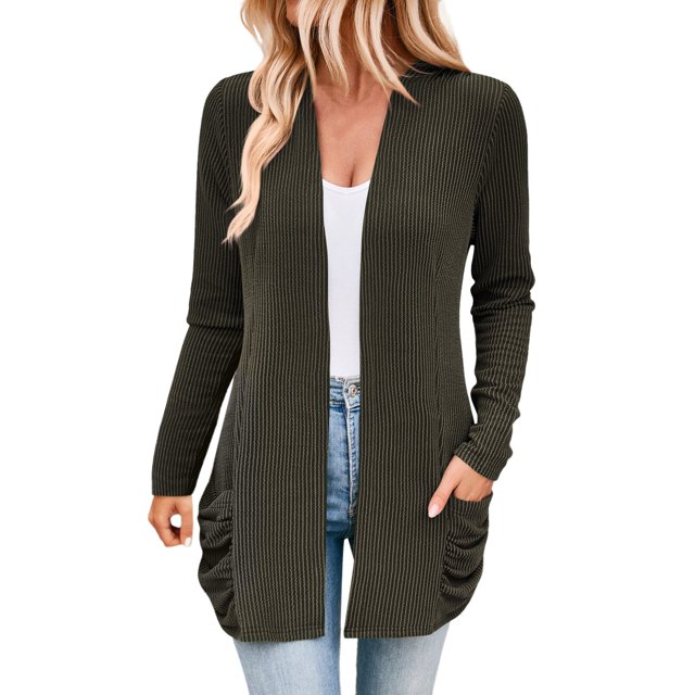 GPOECD Women Fall Solid Color Open Front Cardigan Lightweight Long Sleeve Pure Color Slim Fit Cardigan Outerwear with Pockets A-Green,L