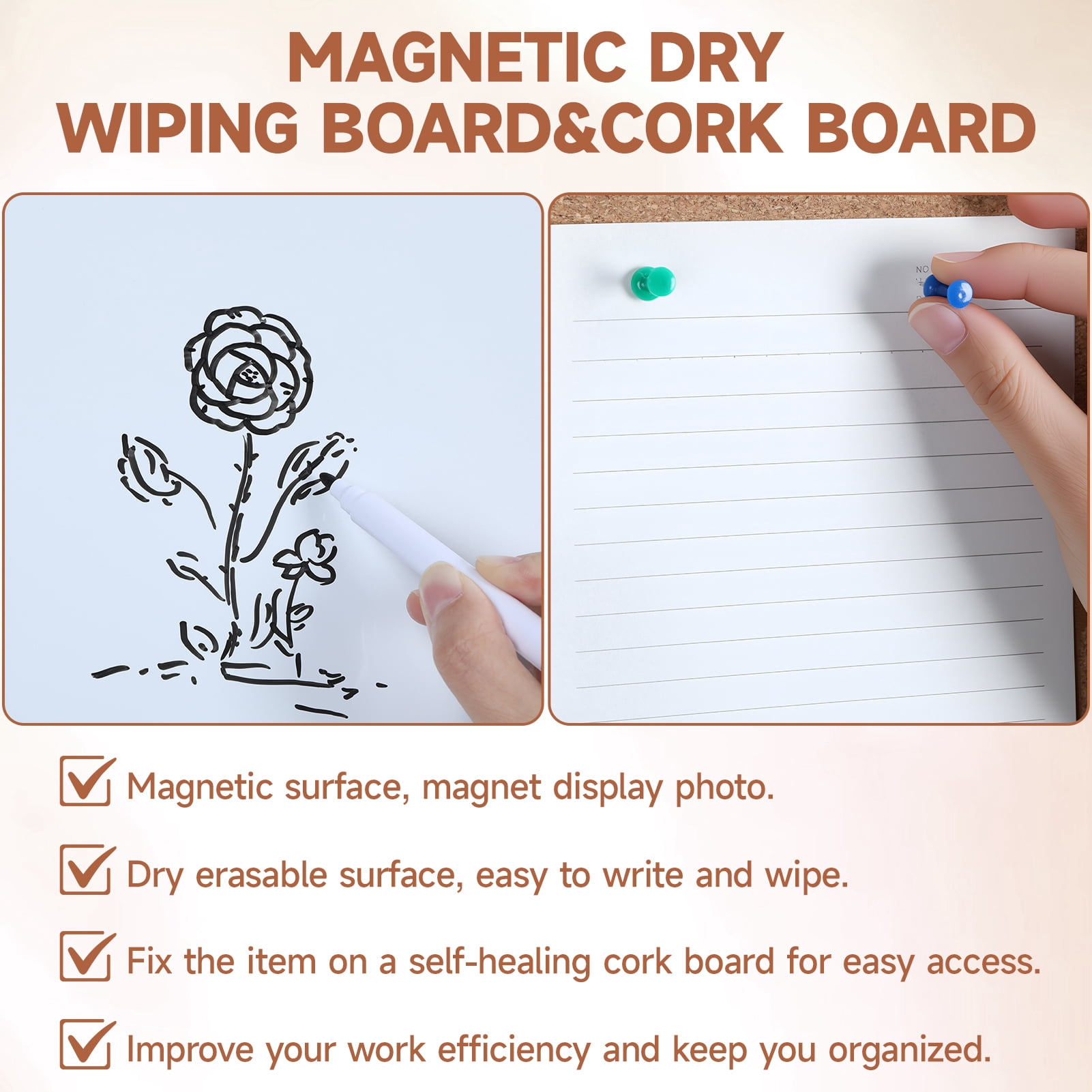 Sioweci Dry-Erase Cork Board Combo, Magnetic Whiteboard & Bulletin Board Combination, Wooden Frame Vision Board with Markers Push Pins for Office Home School,23.62" x 35.43"