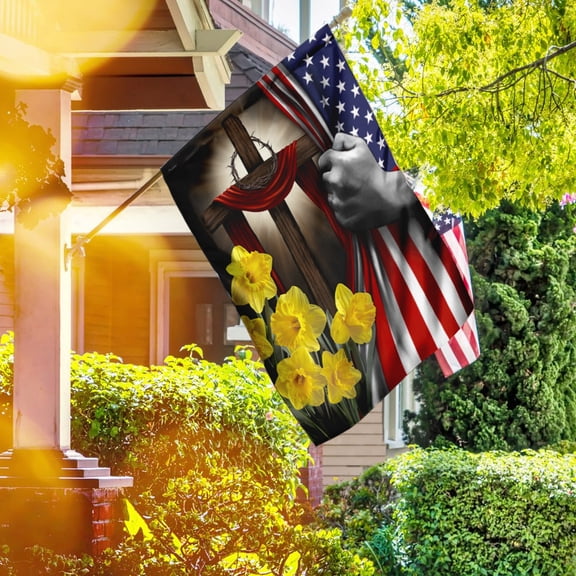 FLAGWIX Easter Daffodils Christian Cross American US Flag, Outdoor Easter Decoration - House Flag (29.5" x 39.5")
