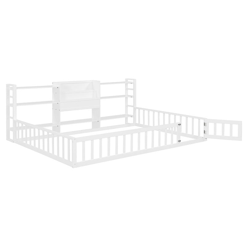 Full Size Floor Bed Platform Bed with Side Bookcase and 3-Tier Storage Shelves, Solid Wood Low Profile Montessori Floor Bed with Safety Guardrails for Kids, Boys, Girls