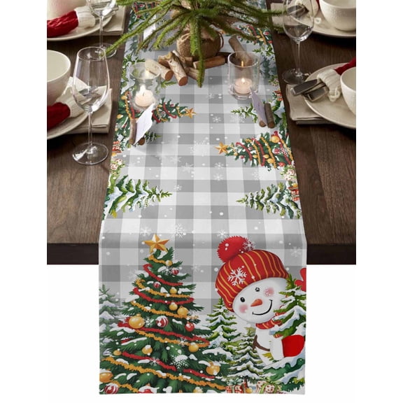 Grey Plaid Snowman Christmas Dresser Scarf Farmhouse, Dining Table Decorations for Wedding/Parties, Xmas Tree Snowflake Winter Table Runner 72 Inches Long for Kitchen Dining, 14 x 72 In
