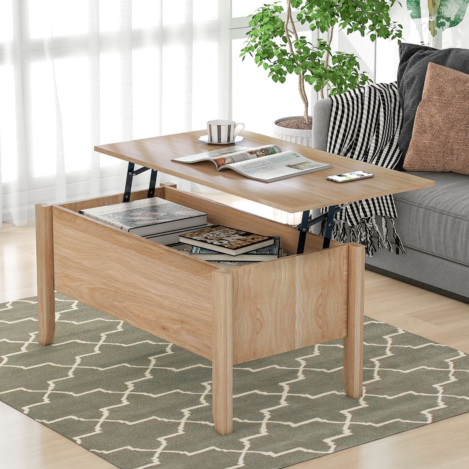 Wood Lift Top Coffee Table With Hidden Compartment and Adjustable