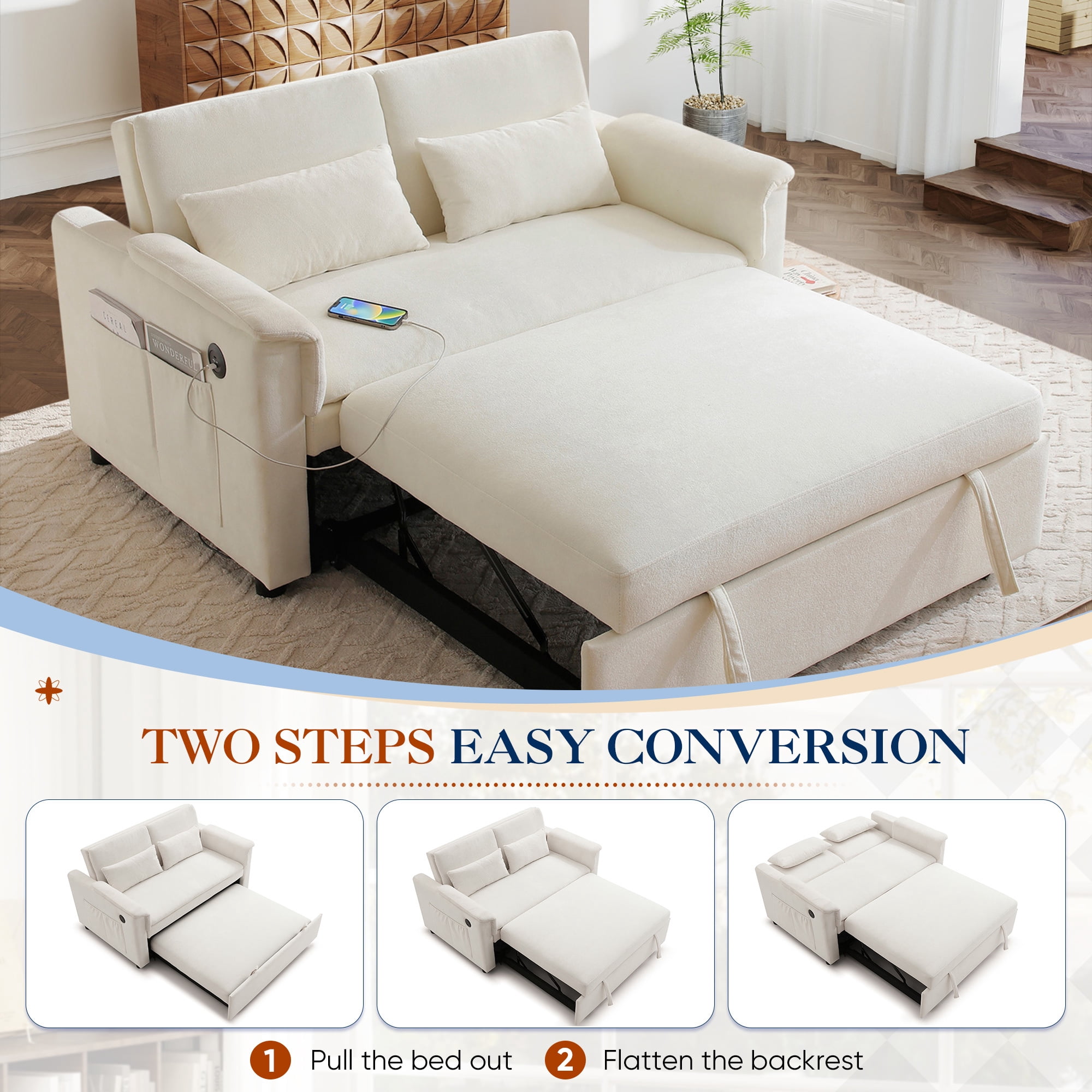 Lunale Convertible Sofa Bed with USB, 55" Loveseat Sleeper for Living Room, Apt, Beige Velvet