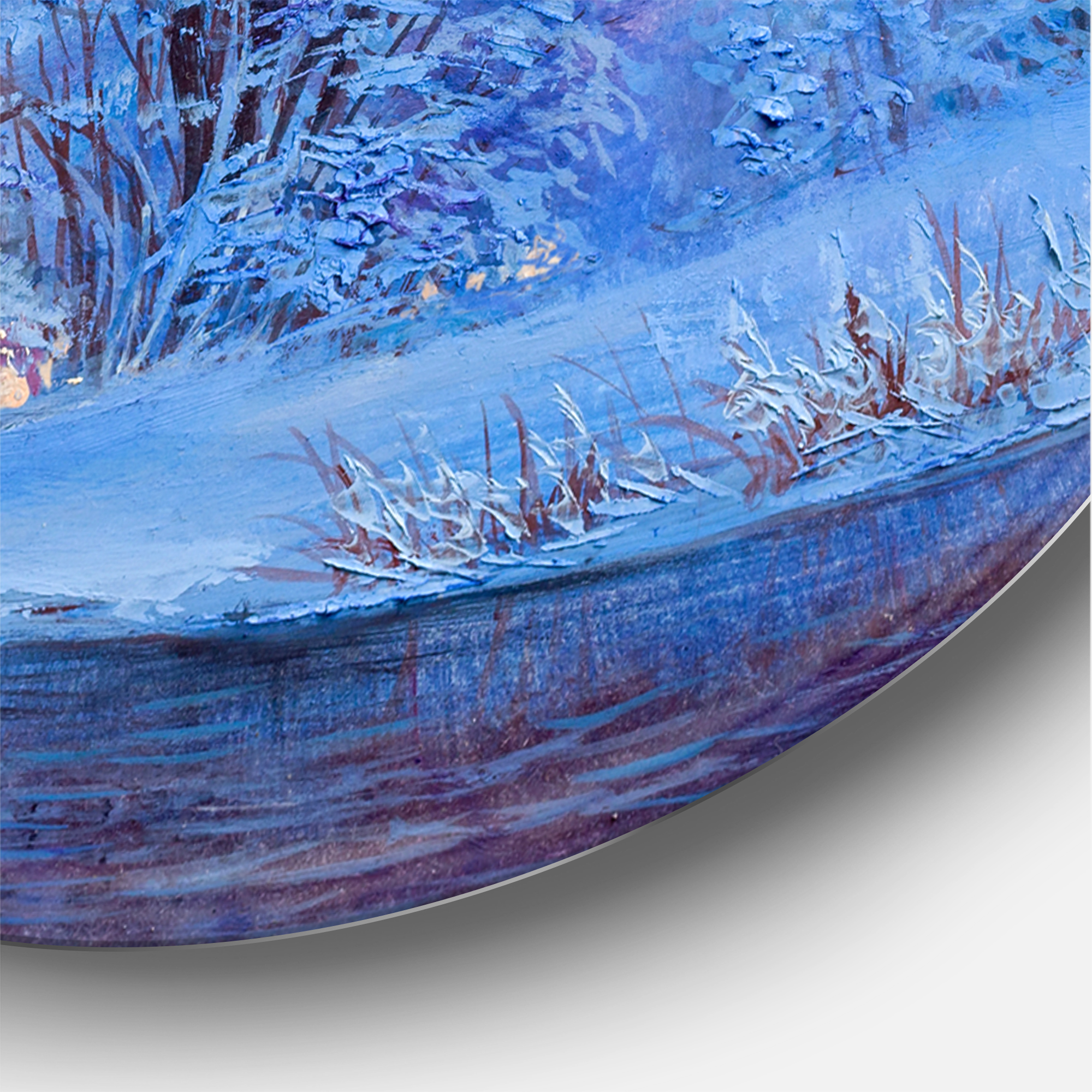 Designart 'Winter Landscape With A Bridge and A River' Lake House Circle Metal Wall Art 36x36 - Disc of 36