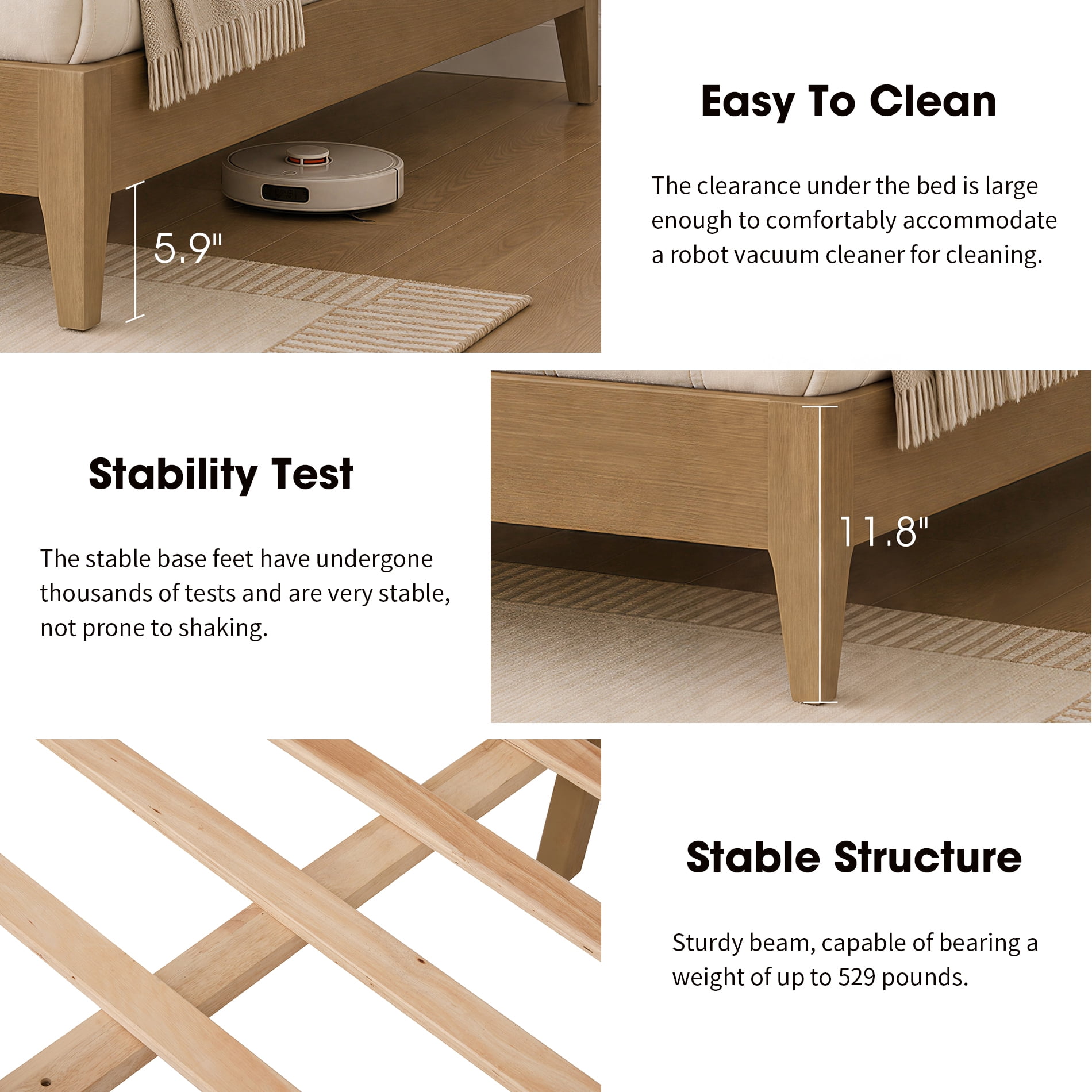Queen Bed Frame with Wave Headboard, Solid Wood Legs,Oak