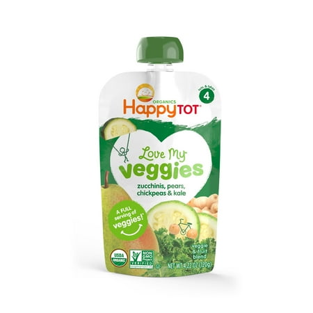 Happy Tot Love My Veggies, Stage 4, Organic Toddler Food, Zucchinis, Pears, Chickpeas & Kale, 4.22 Oz