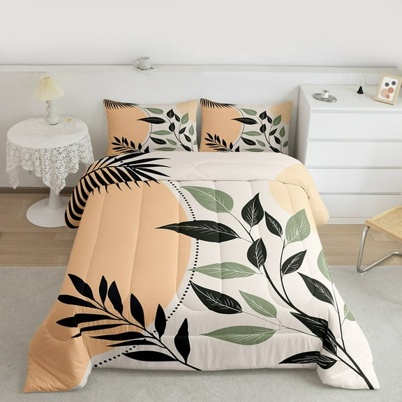 Manfei Rustic Leaves Bedding Comforter Set,Modern Aesthetic Deagin Twin Comforter Sets,Beige Green Orange Bedding Set For Girls,Super Cozy Room Decor Reversible,2 Pieces